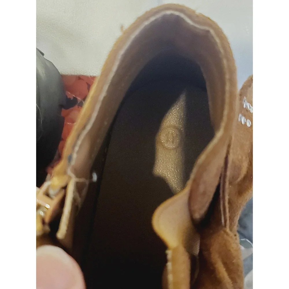 ZBY Girls Sz 1 Tan Faux Suede Ankle Boots Bow Rhinestone Lug Sole
